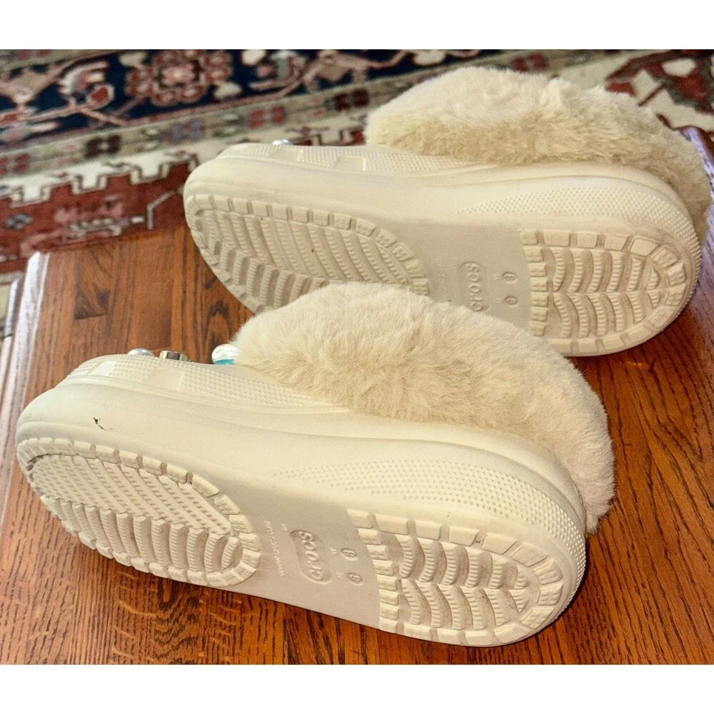 Bling Fur Crocs embellished jibbitz Platform Clog In Ivory W8